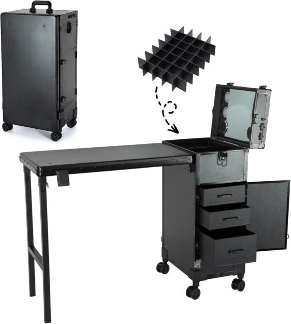 Foldable Makeup and Nail Styling Station with Wheels, LED Mirror, Bluetooth Spea