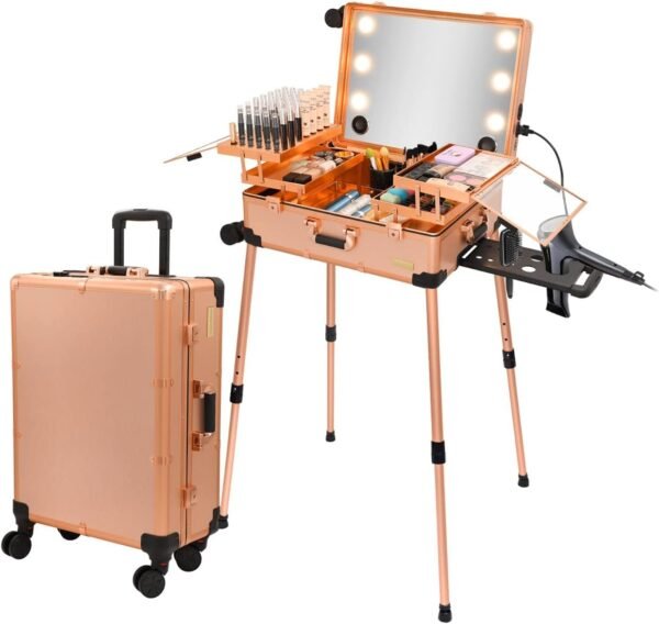 Extra Large Aluminum Trolley Makeup Train Case with Built-in LED Lights Professi
