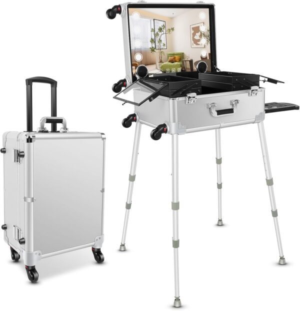 FAHKNS Aluminum Trolley Makeup Train Case with LED Light Professional Cosmetic 2