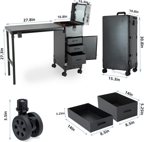 Foldable Makeup and Nail Styling Station with Wheels, LED Mirror, Bluetooth Spea
