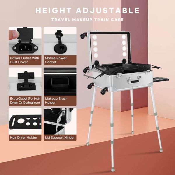 FAHKNS Aluminum Trolley Makeup Train Case with LED Light Professional Cosmetic 2