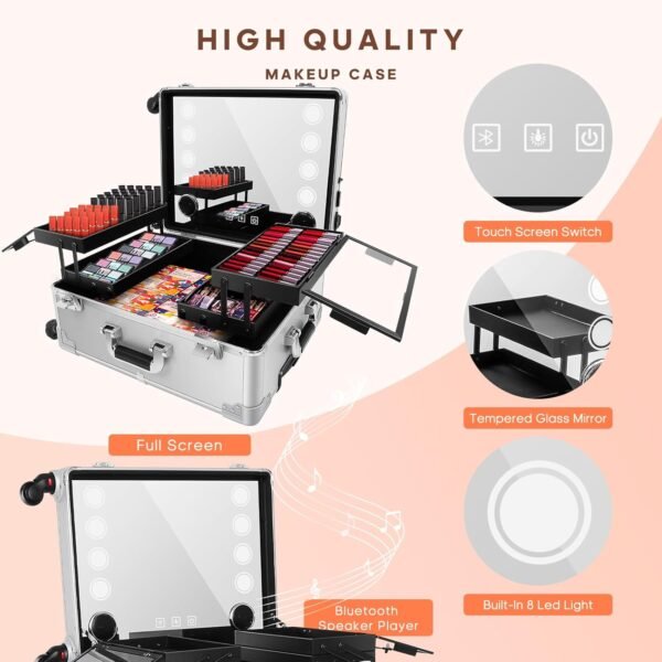 FAHKNS Aluminum Trolley Makeup Train Case with LED Light Professional Cosmetic 2