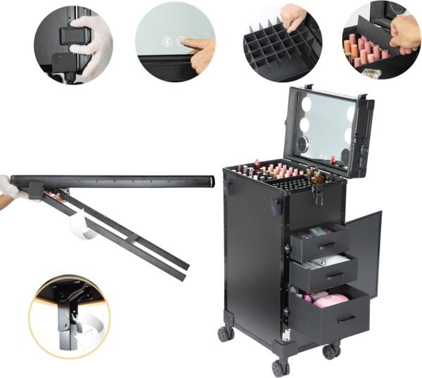 Foldable Makeup and Nail Styling Station with Wheels, LED Mirror, Bluetooth Spea