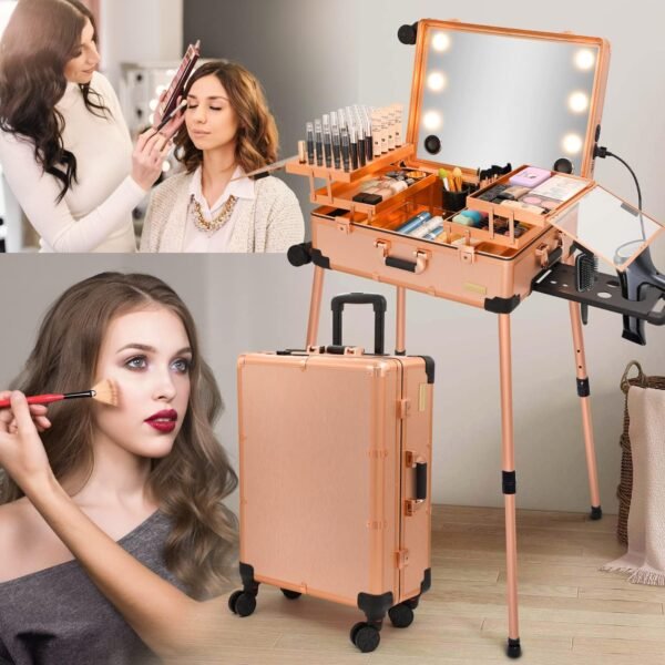 Extra Large Aluminum Trolley Makeup Train Case with Built-in LED Lights Professi