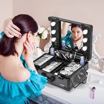 Kemier Makeup Case,Professional Artist Studio Cosmetic Train Table w/4 Rolling W