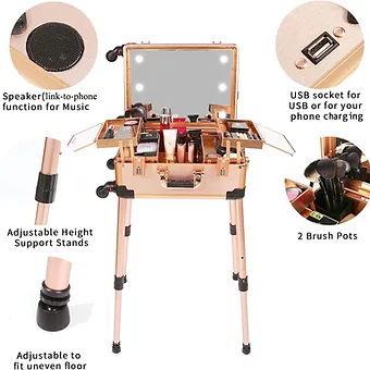 Medium Makeup Train Case with Code Lock, Lighted Mirror, Speaker Travel Cosmetic