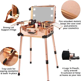 Medium Makeup Train Case with Code Lock, Lighted Mirror, Speaker Travel Cosmetic