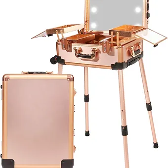 Medium Makeup Train Case with Code Lock, Lighted Mirror, Speaker Travel Cosmetic